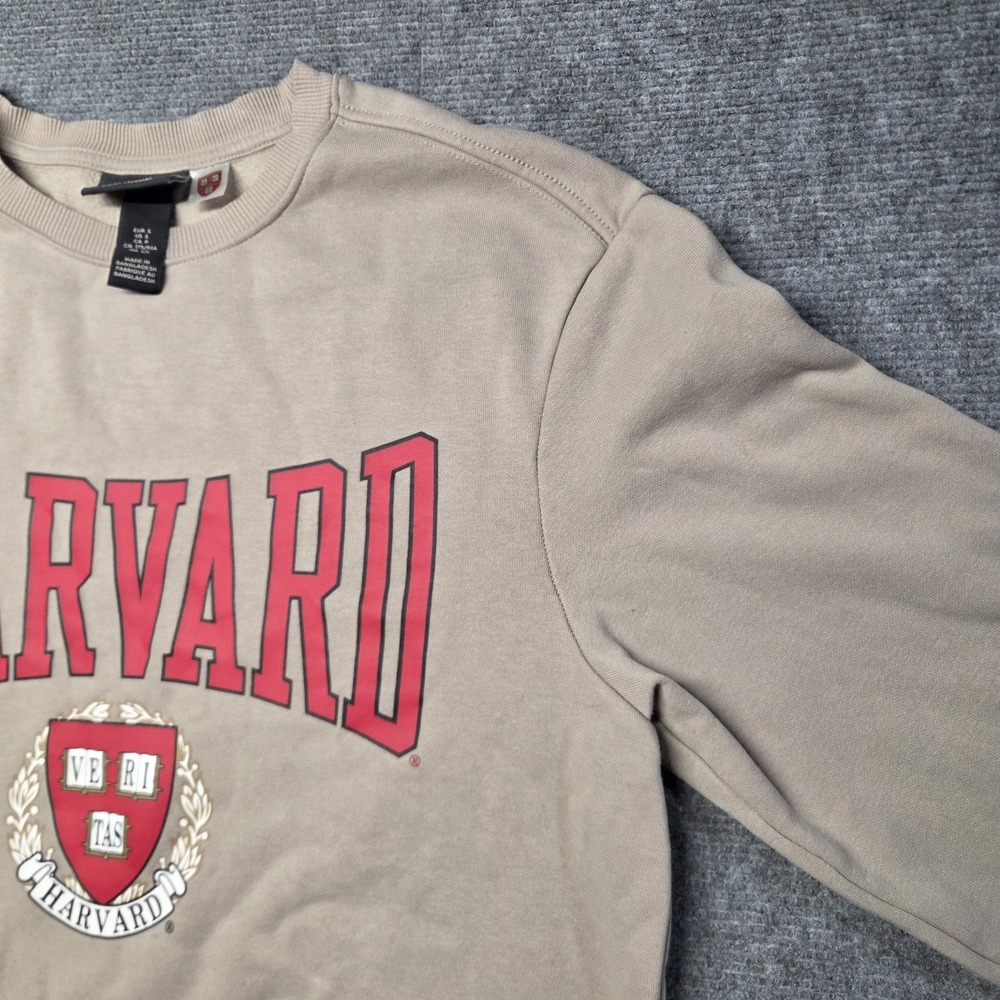 Harvard Sweatshirt Mens Small Beige H&M Regular Fit Crewneck Fleece Pullover - Picture 3 of 15